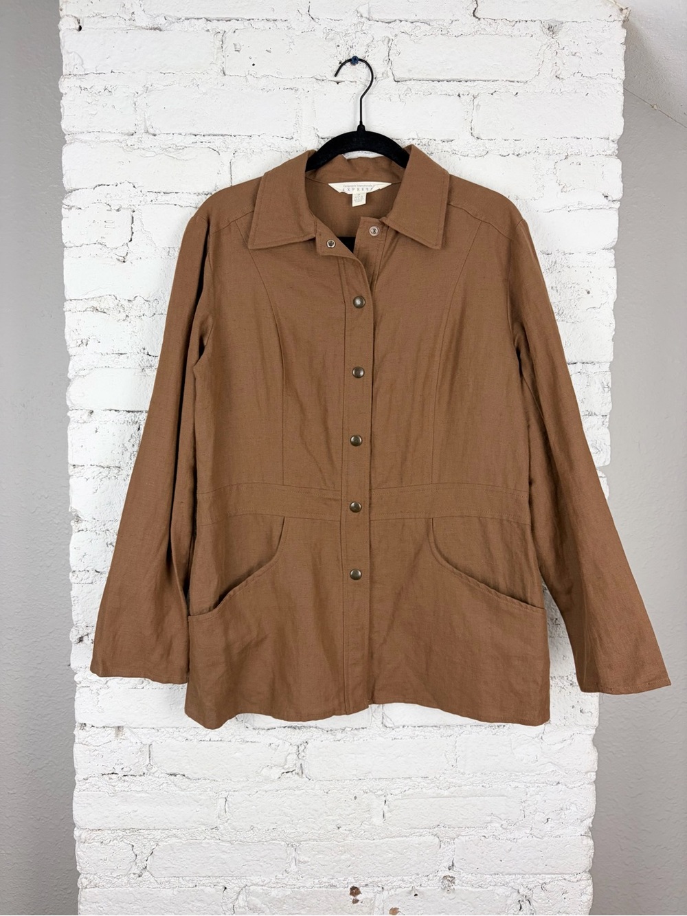 VTG 90s Express Brown Linen Cotton Snap Button Chore Coat Jacket Medium
